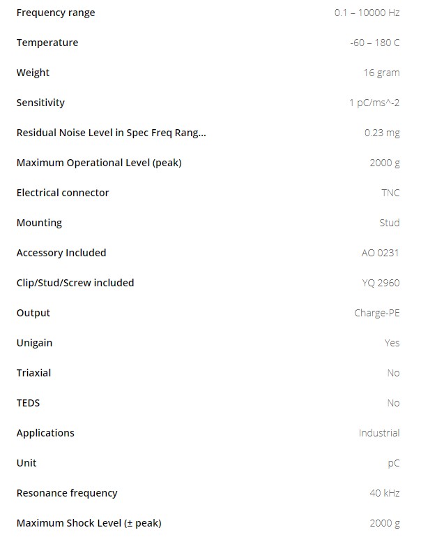 BK壓電電荷型加速度計4391型技術參數(shù)