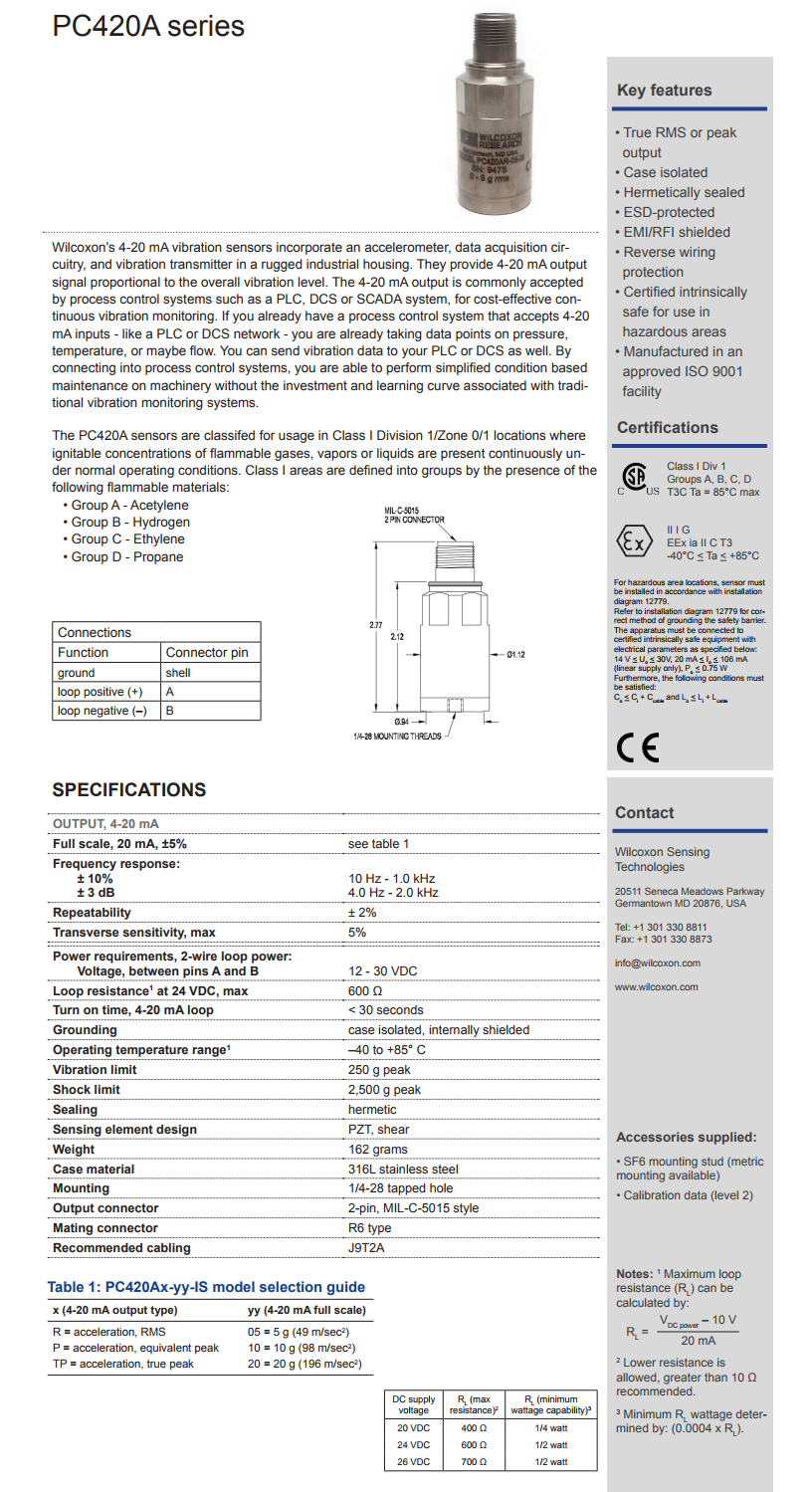 威爾康森回路供電振動傳感器PC420AR-20-IS型技術參數(shù)