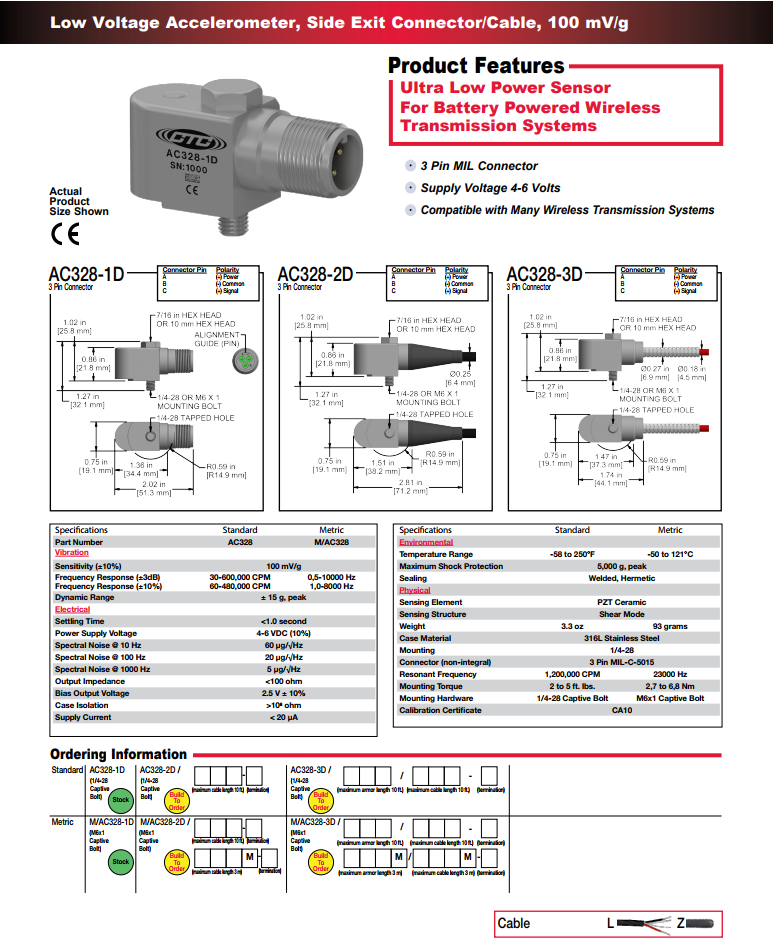 CTC緊湊型低功率加速度振動傳感器AC328技術參數(shù)