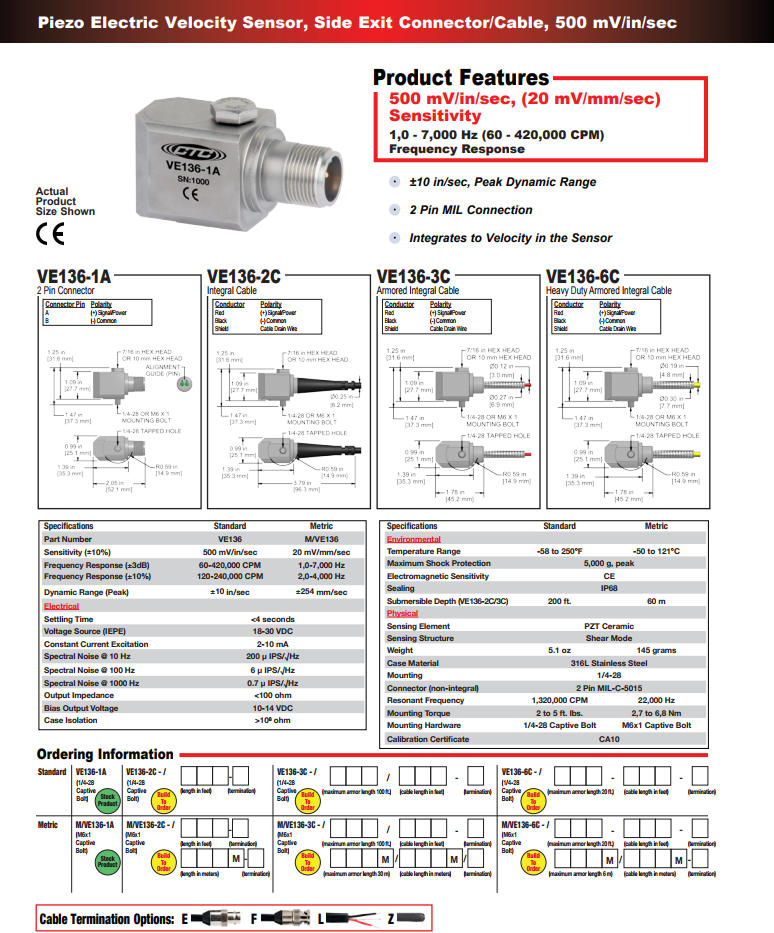 CTC壓電式速度振動傳感器VE136技術參數(shù)